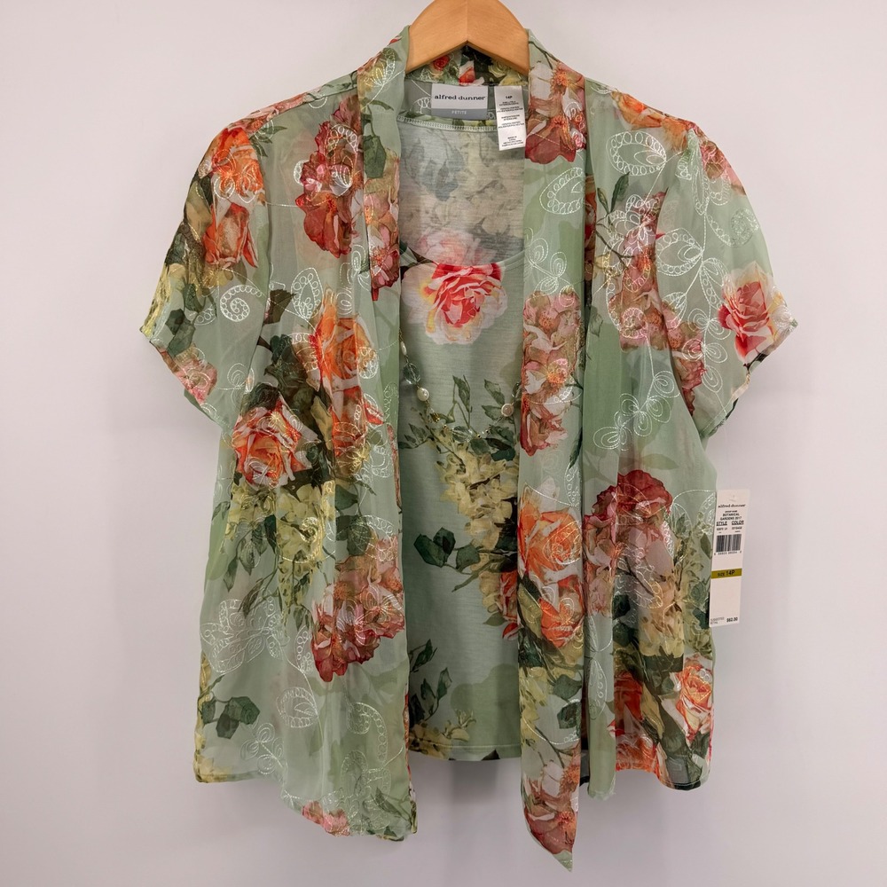 Alfred Dunner Top Womens 14P Sage Botanical Gardens Floral 2-Piece Set Necklace